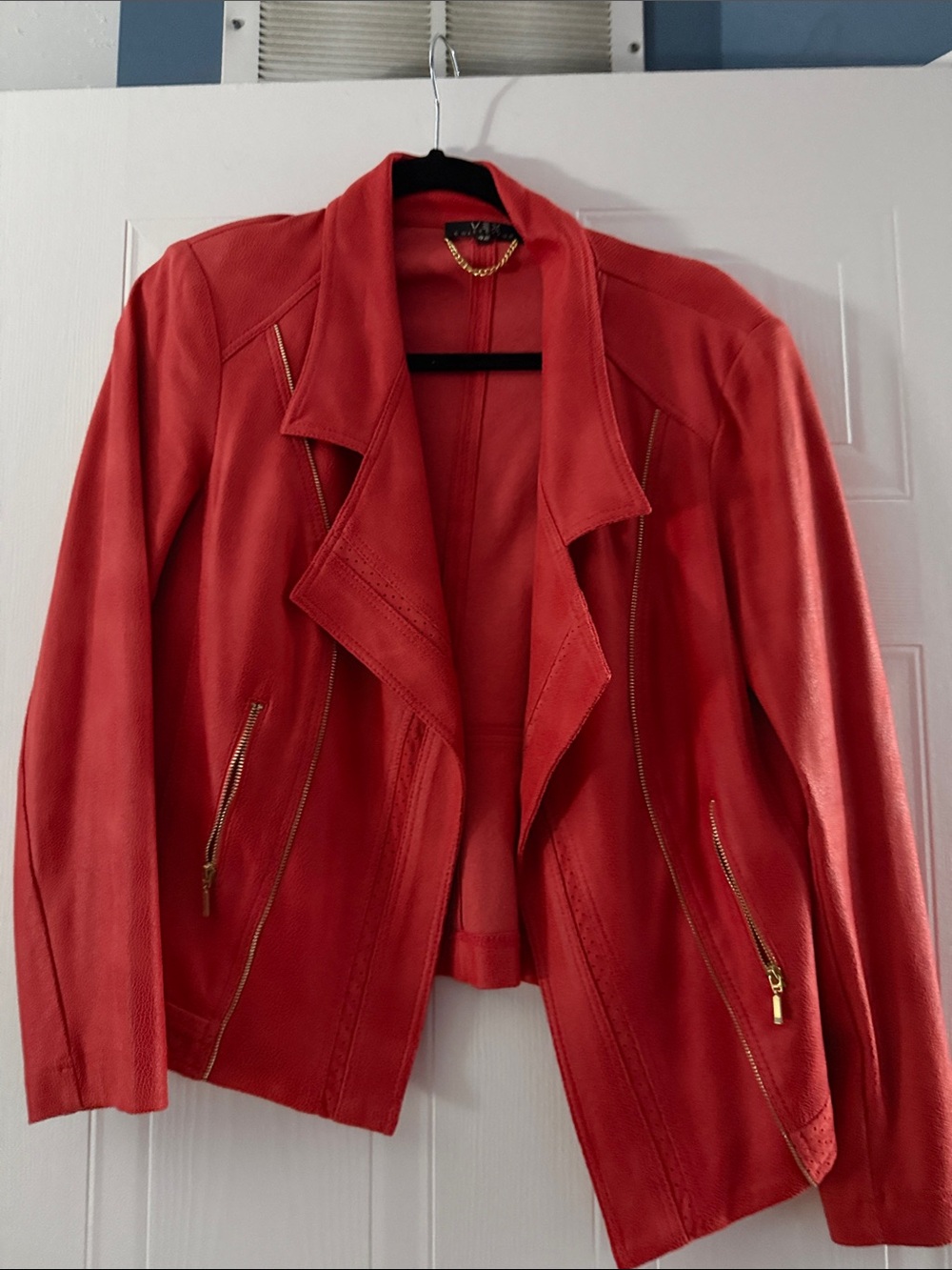 Women's Red Faux Leather Moto Jacket with Gold Zippers